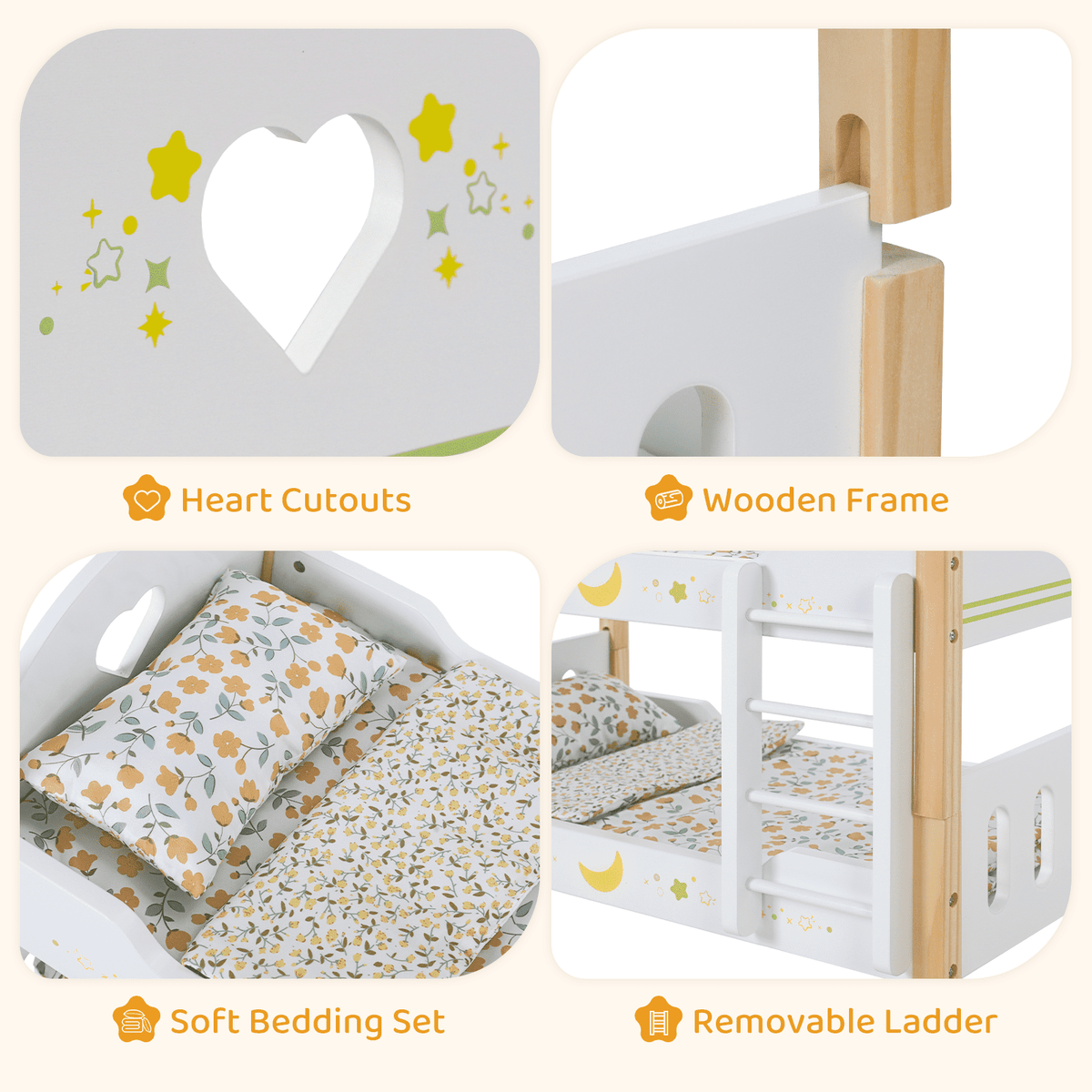 LAZY BUDDY Wooden Bunk Bed for Dolls up to 19in, Baby Dolls Crib with Bedding, Pretend Play Toy for Kids 3+