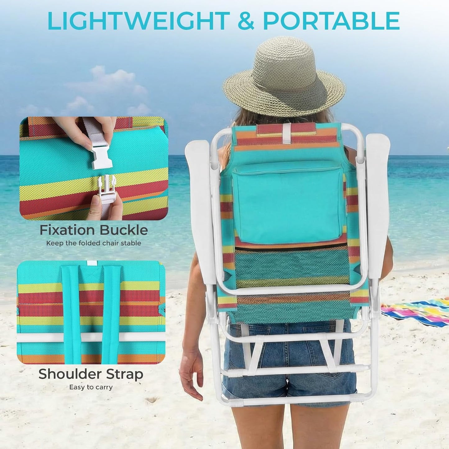LAZY BUDDY 15.7'' Tall Backpack Beach Chairs for Adults, Portable Folding Beach Camping Chair, 1 Pack