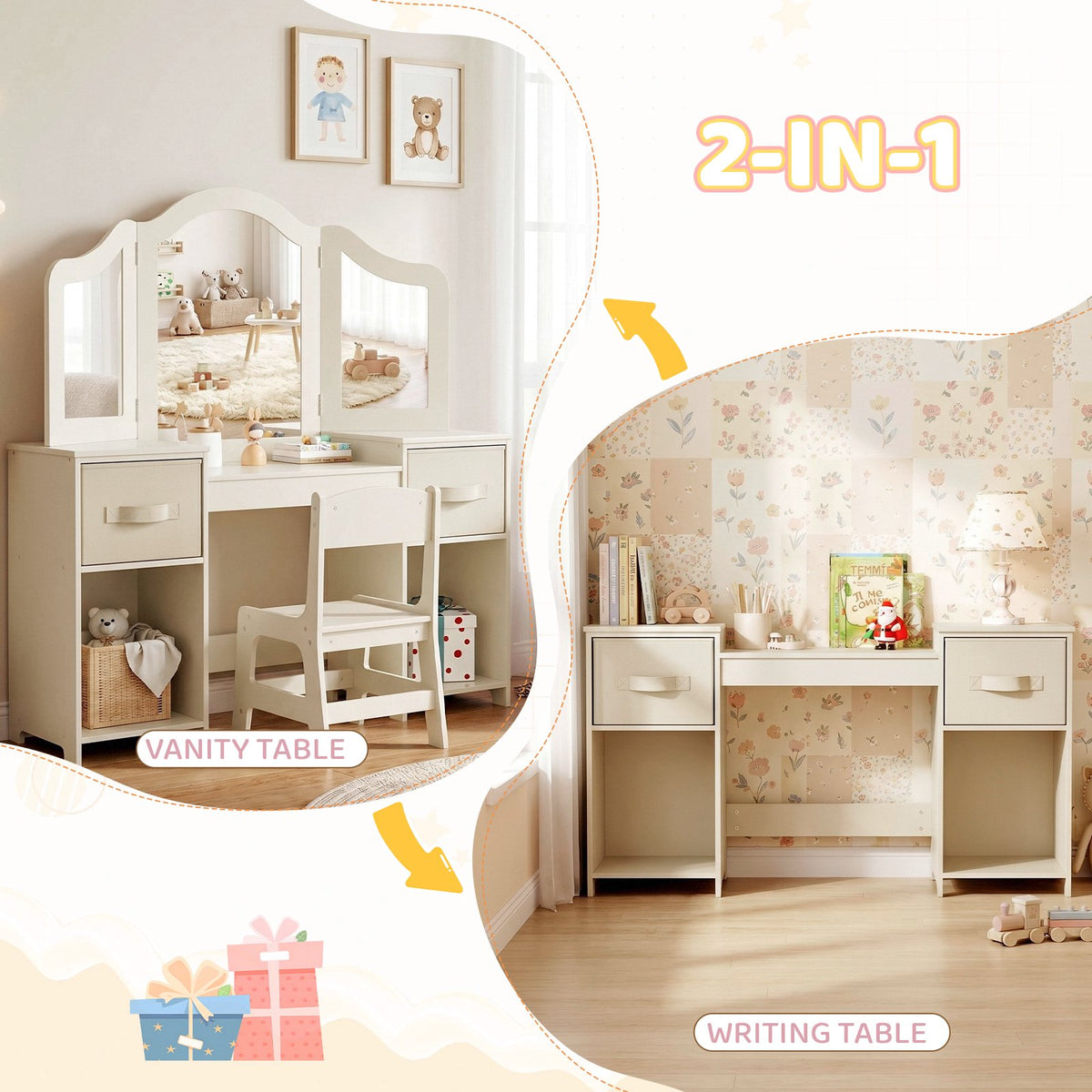 LAZY BUDDY Kids Vanity Set, 2 in 1 Princess Makeup Desk and Chair Set with Canvas Drawers Tri-Folding Detachable Mirror Large Storage Shelves, Wooden Dressing Table, Pretend Play Vanity Set