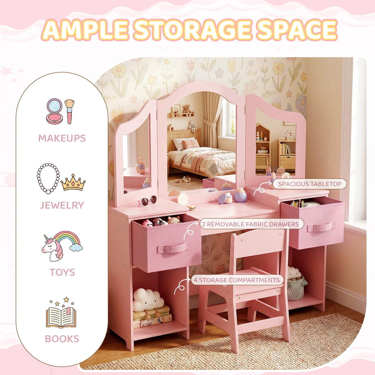 LAZY BUDDY Kids Vanity Set with Mirror and Stool, Toddler Makeup Dressing Table with Chair, Drawers & Storage Shelves, Wooden Princess Pretend Play Vanity for Girls Bedroom