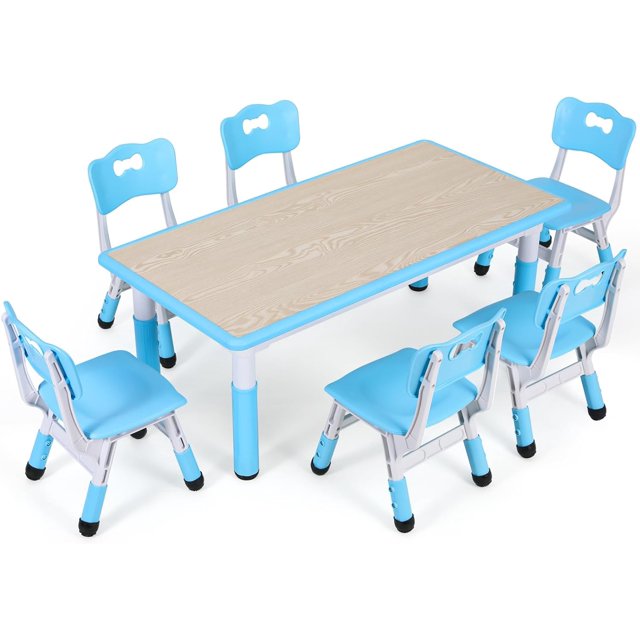 LAZY BUDDY Kids table and 6 chairs Set, Rectangular Plastic Graffiti Desk, 47.20"L x 23.60"W, 4 Colors