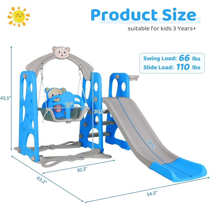 LAZY BUDDY Toddler Slide and Swing Set, 4 in 1 Kids Slide Playset with Basketball Hoop, HDPE Freestanding Playset for In/Outdoor, Blue