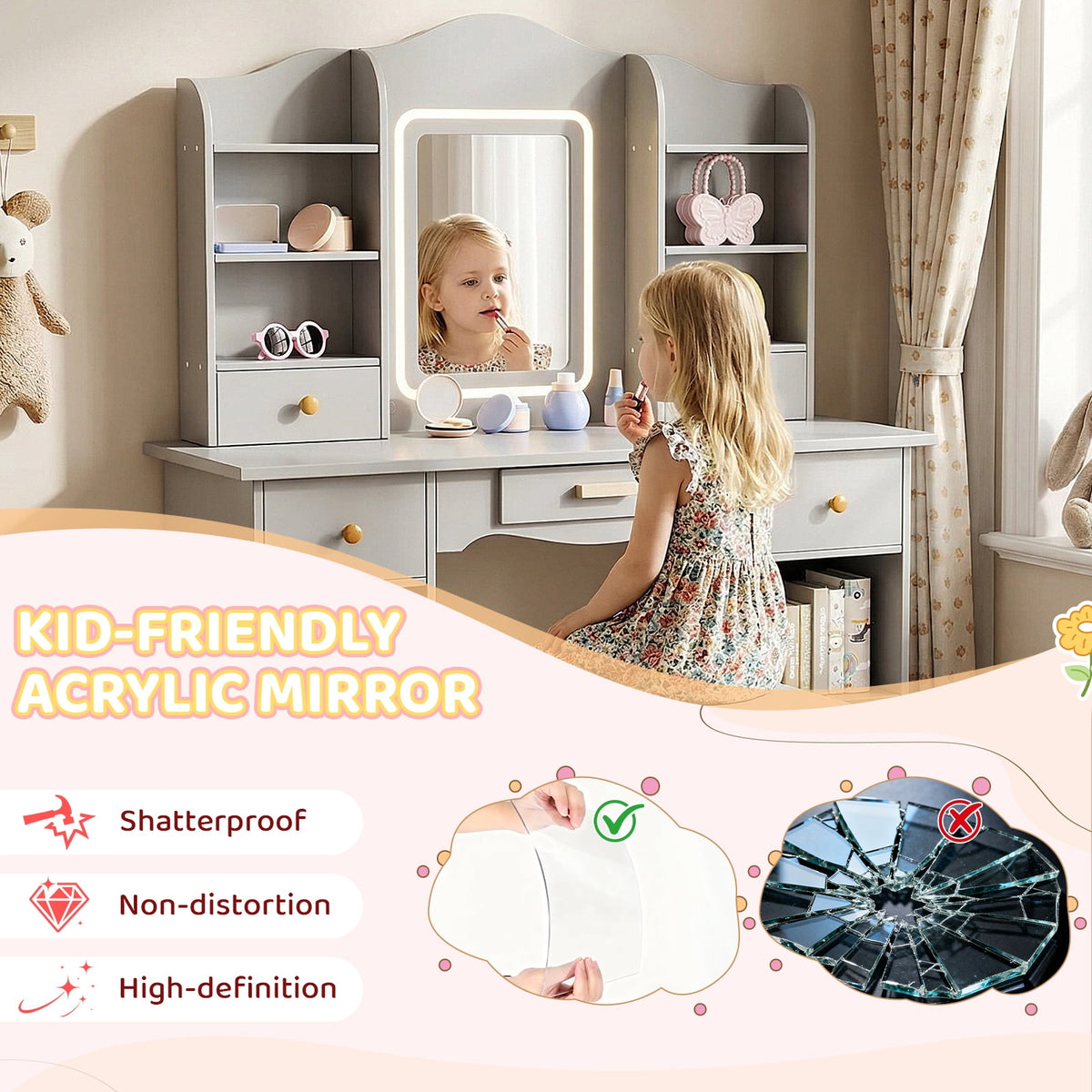 LAZY BUDDY Wooden Kids Vanity Table with Lights, Mirror and Stool, 2 in 1 Toddler Pretend Play Dressing Table with Drawers & Open Shelves for Little Girls