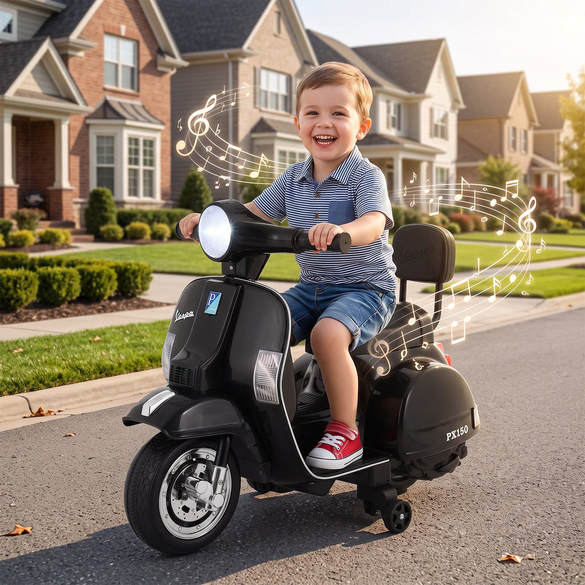LAZY BUDDY Licensed Vespa Ride on Scooter, 6V Electric Motorcycle for Kids with Training Wheels, LED Headlight, Ride on Toy Gift for 3+