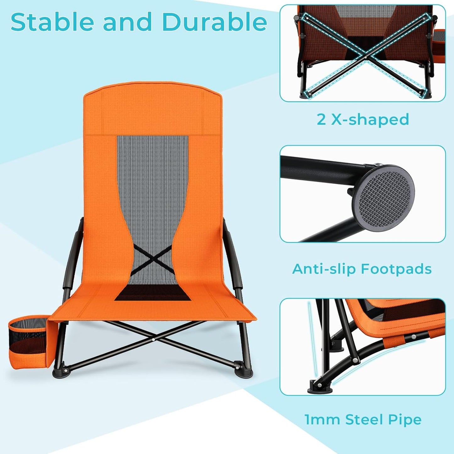 LAZY BUDDY High Back Beach Chair Set of 2, Portable Folding Low Seat Chair for Camping, Beach, Outdoor Concert, 350lbs
