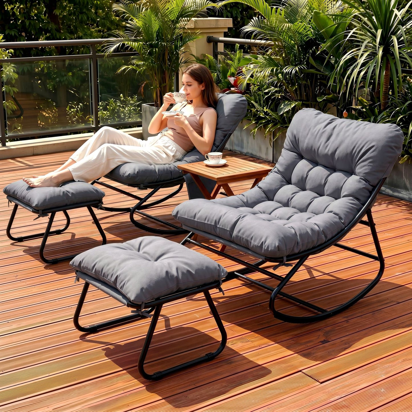 LAZY BUDDY Large Papasan Rocking Chair with Ottoman, Patio Lounge Chair Rocker with 7.4'' Thick Cushion, for Indoor Outdoor Use