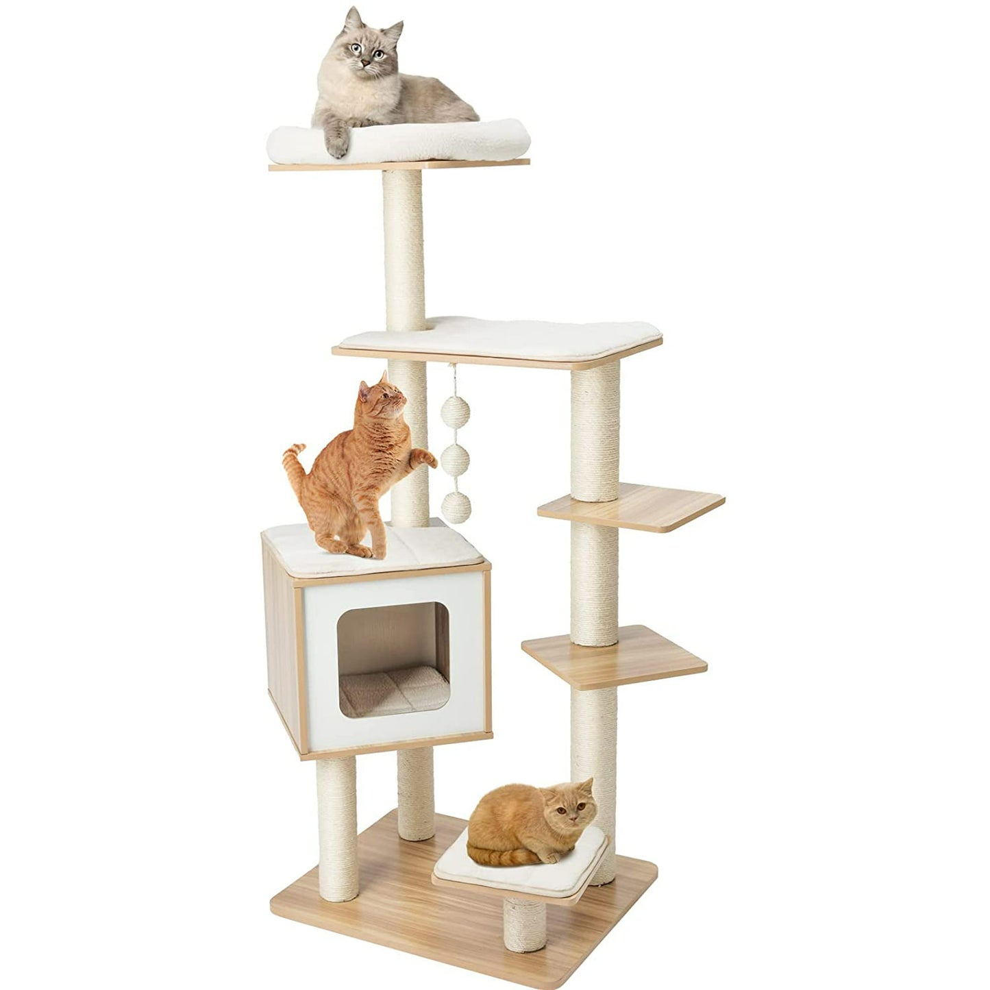 LAZY BUDDY 54.4'' Wooden Cat Tree Condo Multi-Level Cat Climbing Tower Activity Furniture with Scratching Post Washable Mat - Beige