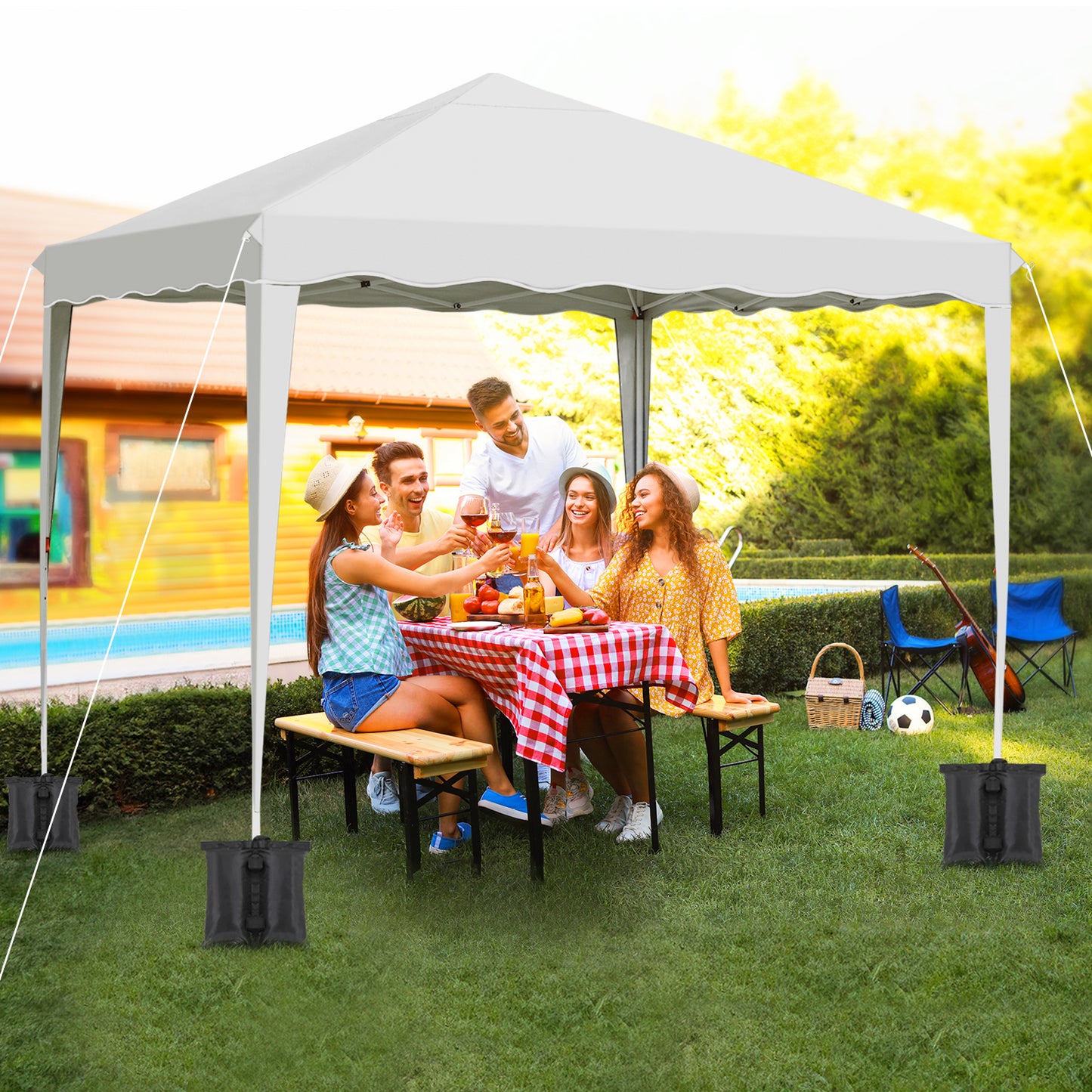 LAZY BUDDY Pop up Canopy Tent, 10x10 ft Commercial Instant Shelter Gazebo with Wheeled Bag, 4 Removable Side Walls, Blue