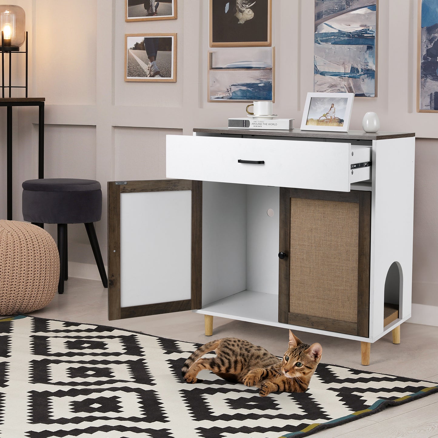 LAZY BUDDY Cat Litter Box Enclosure, Wooden Hidden Litter Box Furniture with Large Drawer and 2 Sisal Doors