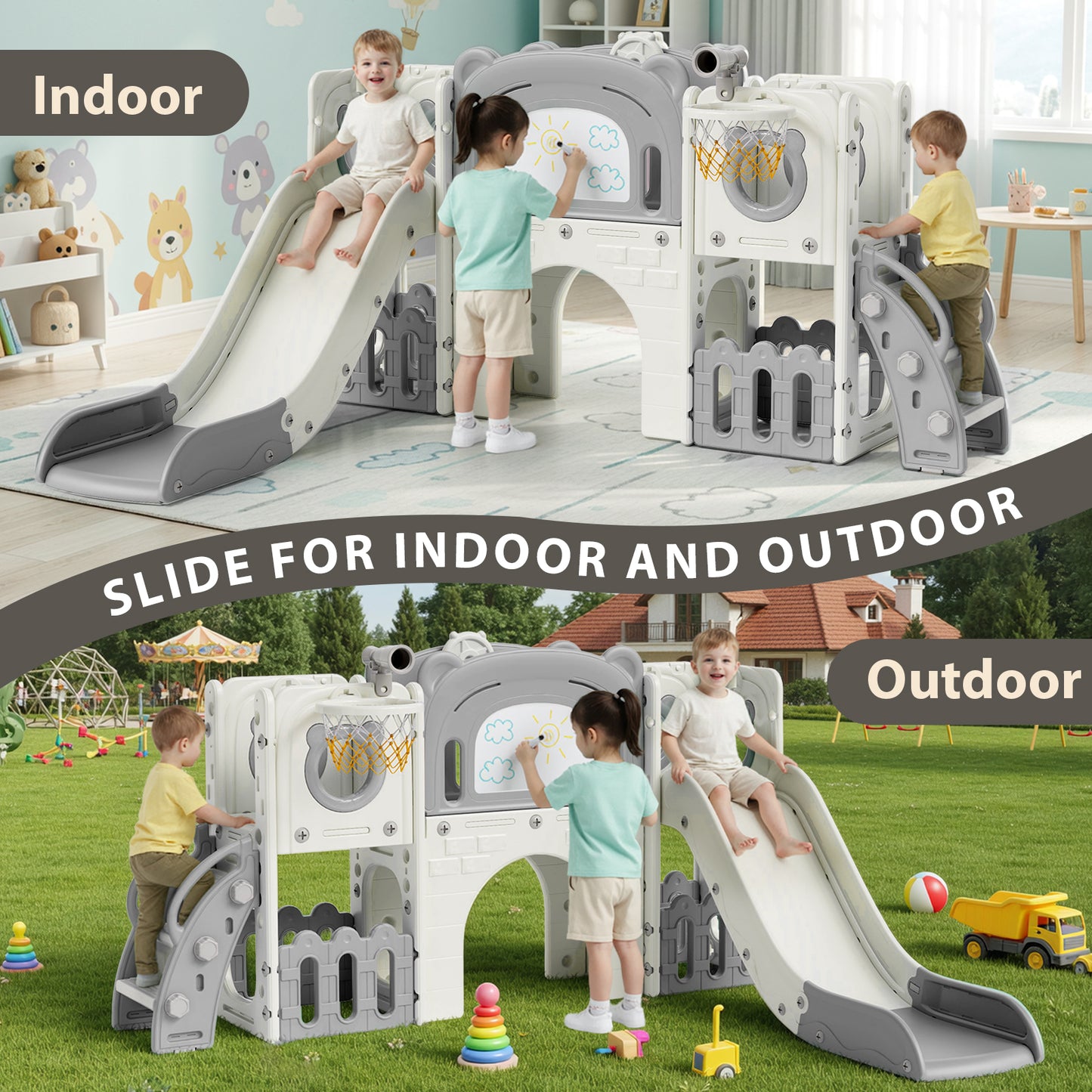 LAZY BUDDY 10 in 1 Toddler Slide, Freestanding Kids Slide and Climber Playset Indoor Outdoor Slide with Basketball Hoop, Telescope and Storage Space