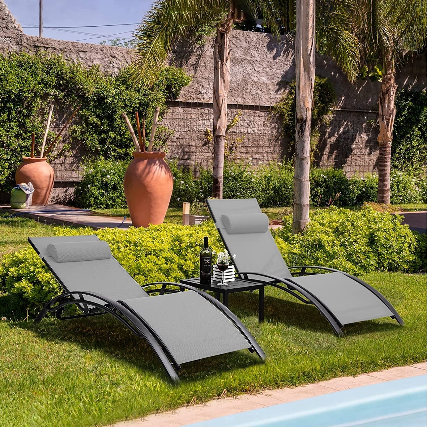 GARTIO 3 Pieces Aluminum Chaise Lounge Chair Set for Outdoor Patio, Yard, Beach, Pool Adjustable Recliner with Side Table