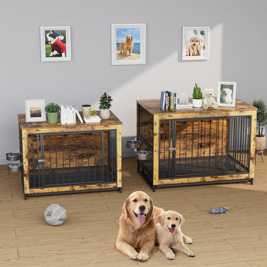 LAZY BUDDY Dog Crate Furniture with Bowls, Wooden Dog Crate End Table with Tray, Brown