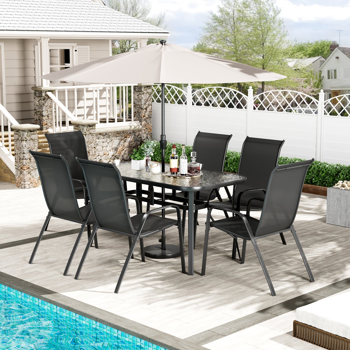 LAZY BUDDY Patio Dining Set of 7 with Umbrella Hole, Outdoor Furniture Table and 6 Textilene Chairs for Lawn, Backyard, Deck, 330LBS