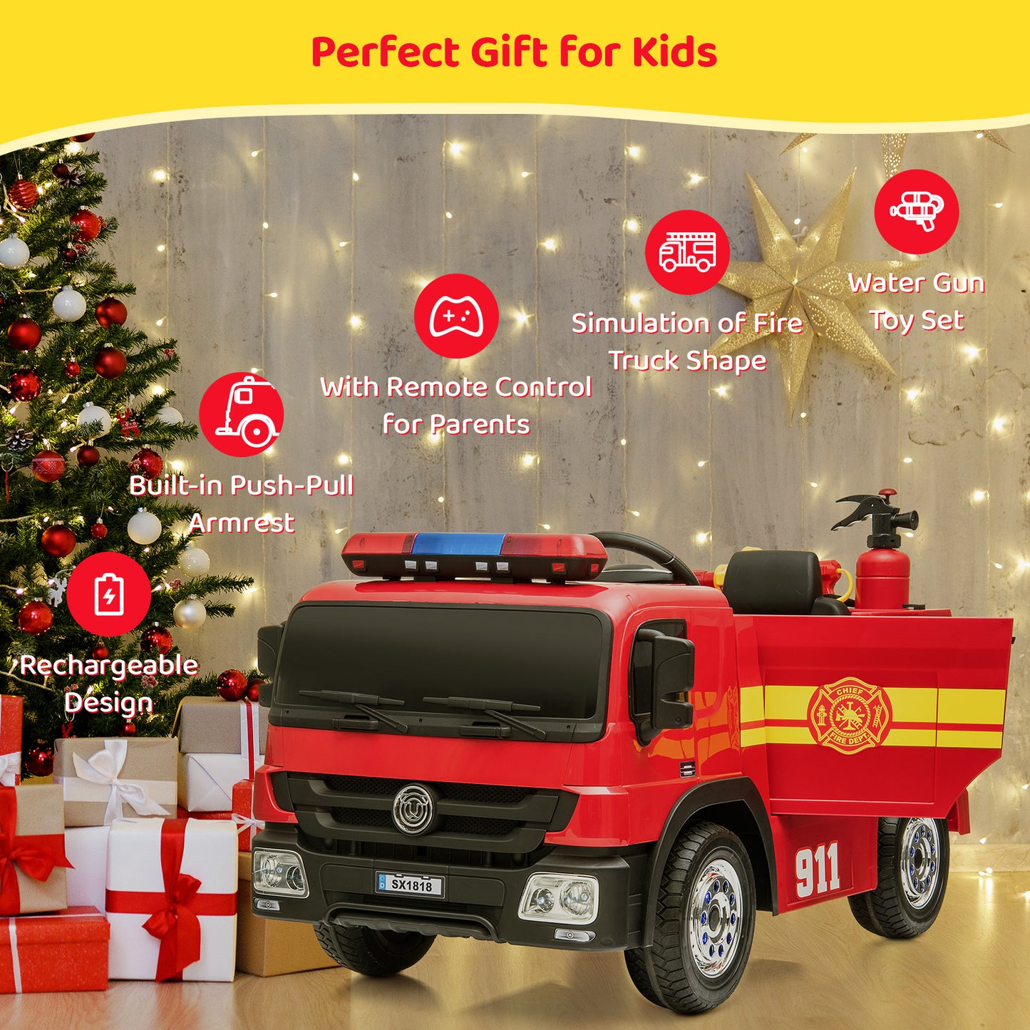 LAZY BUDDY Kids 12V Ride On Fire Truck Battery Powered Ride-Ons Toy Car with Remote Control, Siren for Boys Girls 3-6 Years