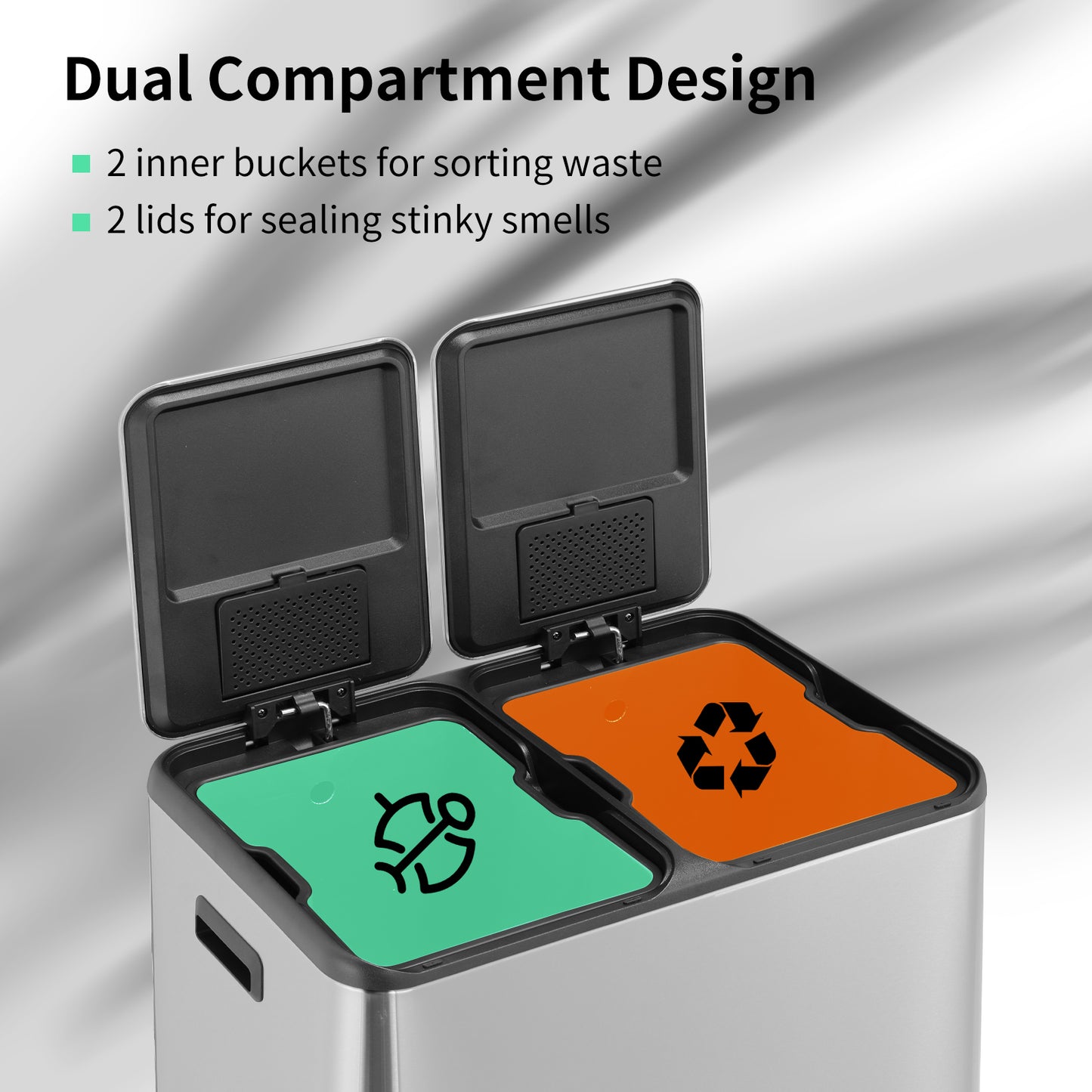 LAZY BUDDY 16 Gal Dual Kitchen Trash Can 2 x 30L Rectangular Stainless Steel Garbage Bin Recycle Waste Dustbin W/ 2 Built-in Odor Control Box