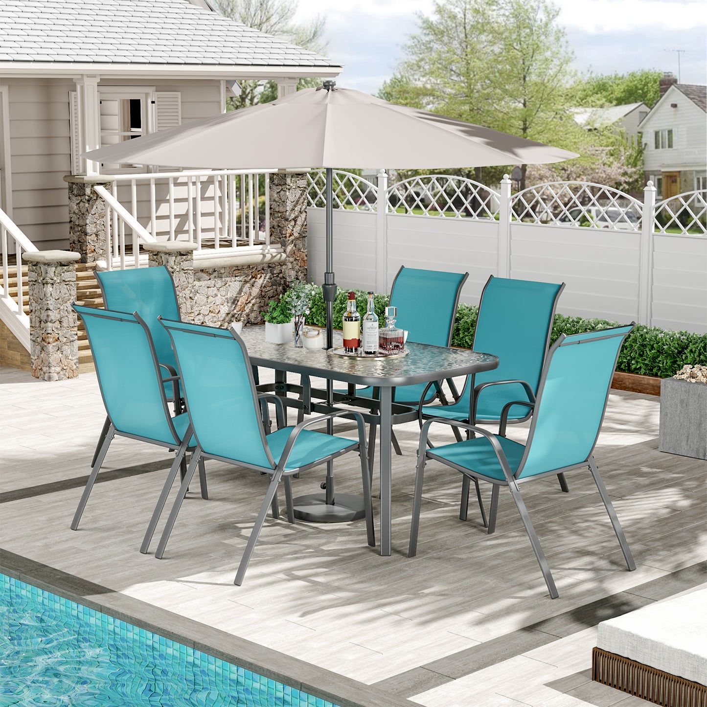 LAZY BUDDY Patio Dining Set of 7 with Umbrella Hole, Outdoor Furniture Table and 6 Textilene Chairs for Lawn, Backyard, Deck, 330LBS