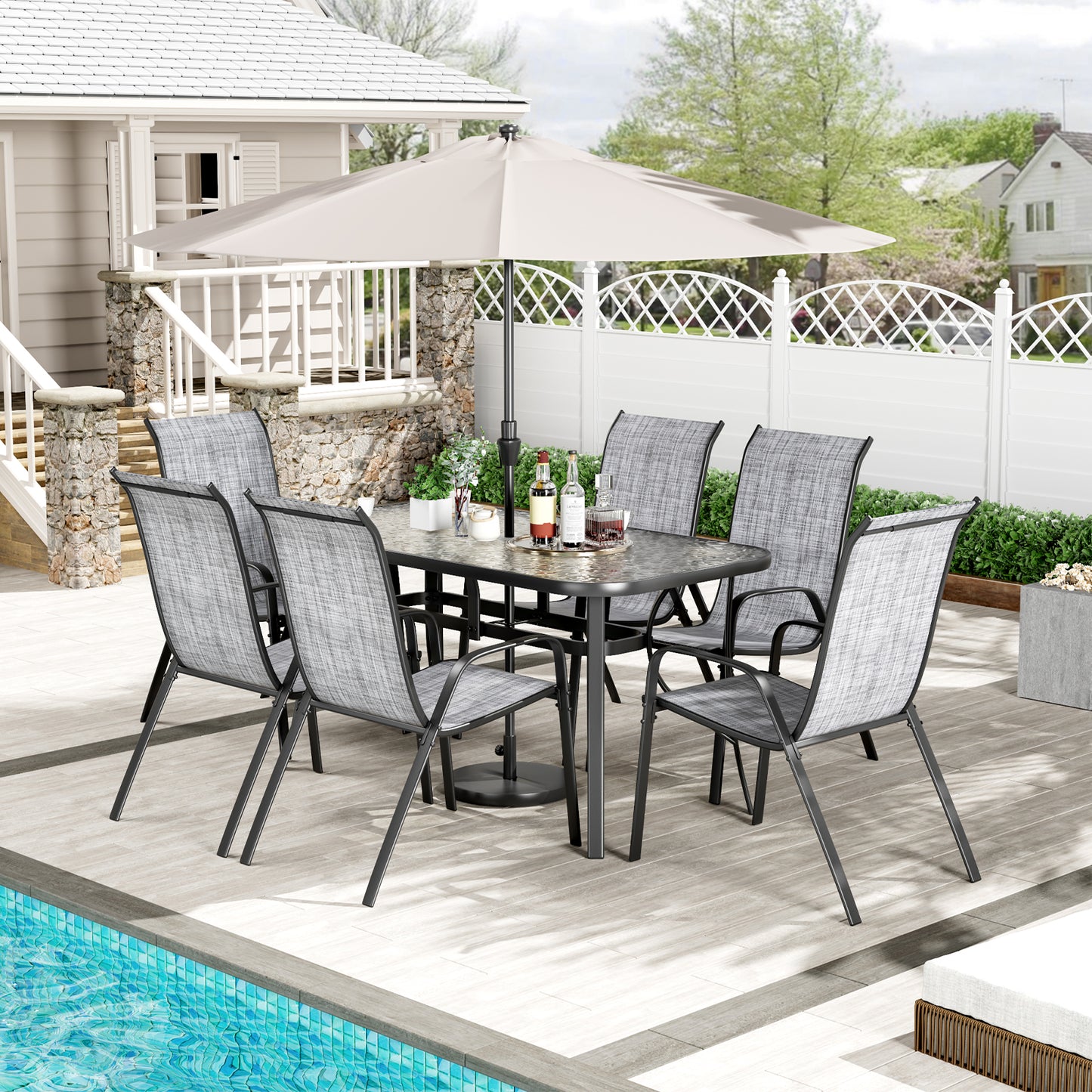 LAZY BUDDY Patio Dining Set of 7 with Umbrella Hole, Outdoor Furniture Table and 6 Textilene Chairs for Lawn, Backyard, Deck, 330LBS