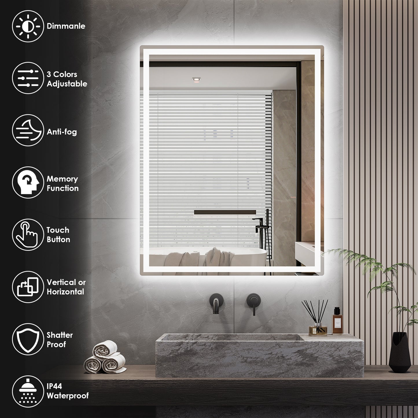 LAZY BUDDY Anti-fog Wall Mounted Lighted Vanity Mirror LED Bathroom Mirror Waterproof, Rectangle Silver