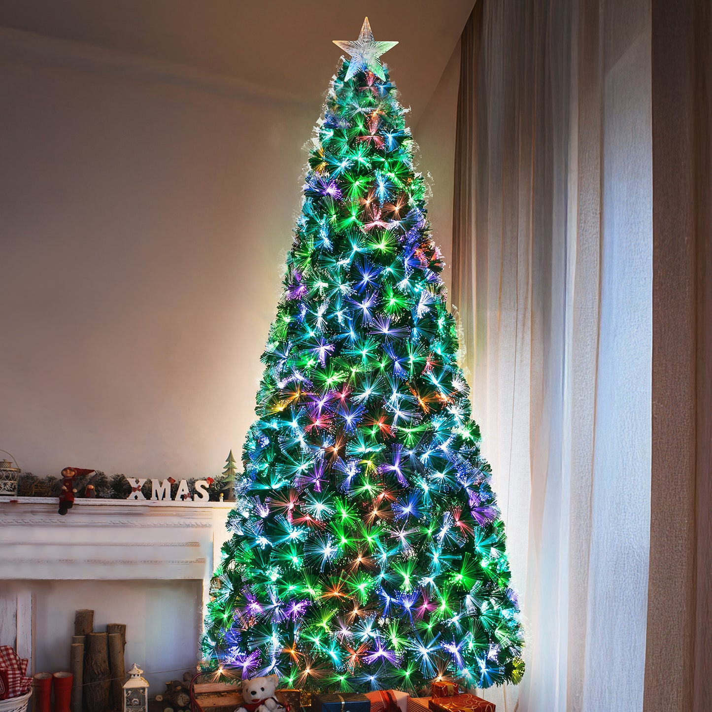 LAZY BUDDY Artificial Pre-Lit Christmas Tree, Optical Fiber Evergreen Tree, Xmas Full Tree with Multi- Color Lights, Top Star, Foldable Metal Base