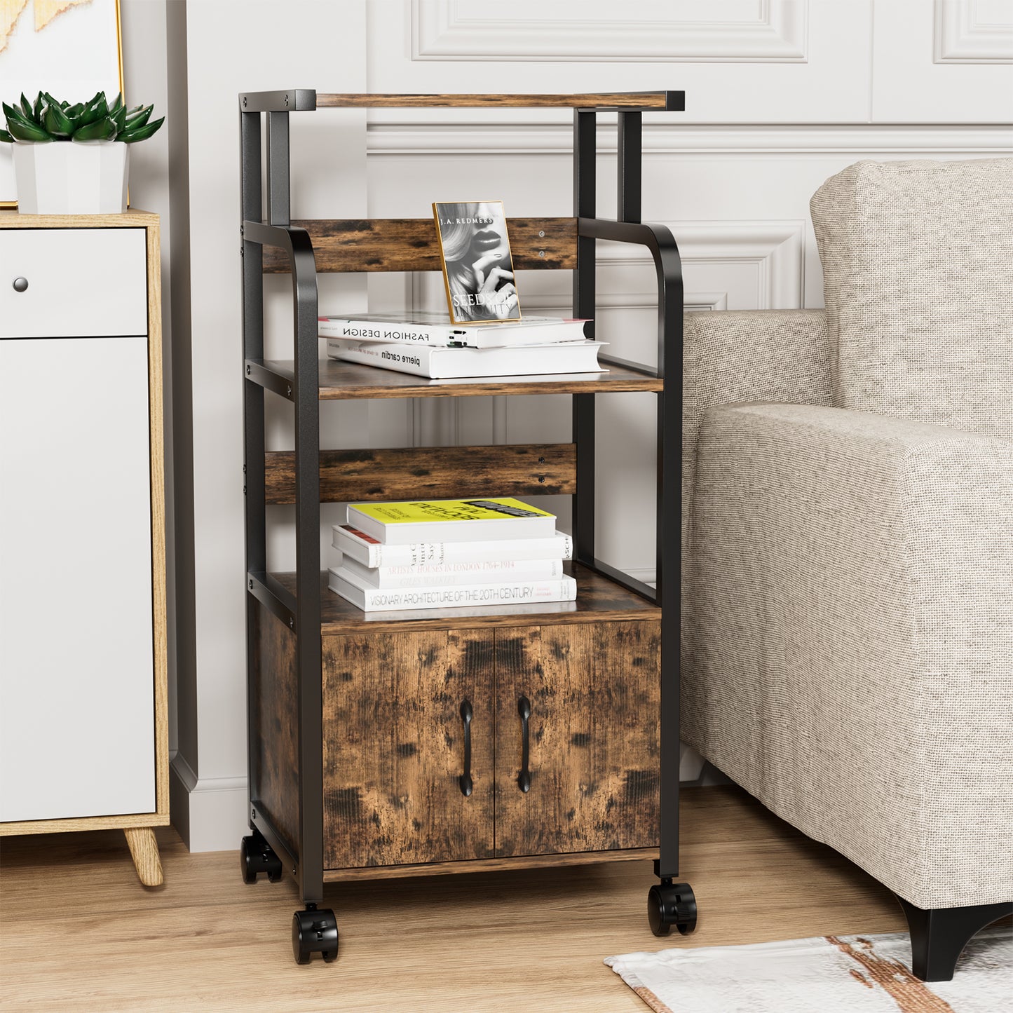 LAZY BUDDY 4-Tier Printer Stand with Lockable Casters and Wooden Cabinet Multi-Purpose Shelf Rack Movable Storage Cart Floor-Standing Printer Cart