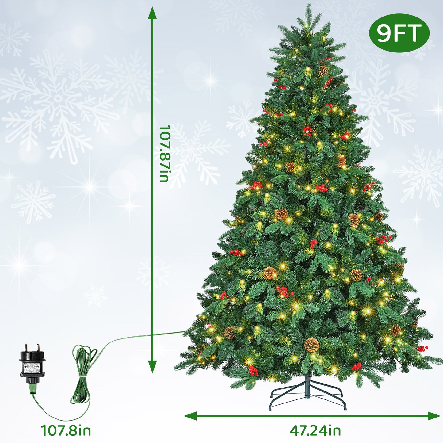 LAZY BUDDY 8/9 ft Prelit Artificial Christmas Trees, Hinged Spruce Pine Xmas Tree W/ Warm-White LED Lights, Pine Cones, Red Berries for Indoor Home Party Festival Holiday Decor