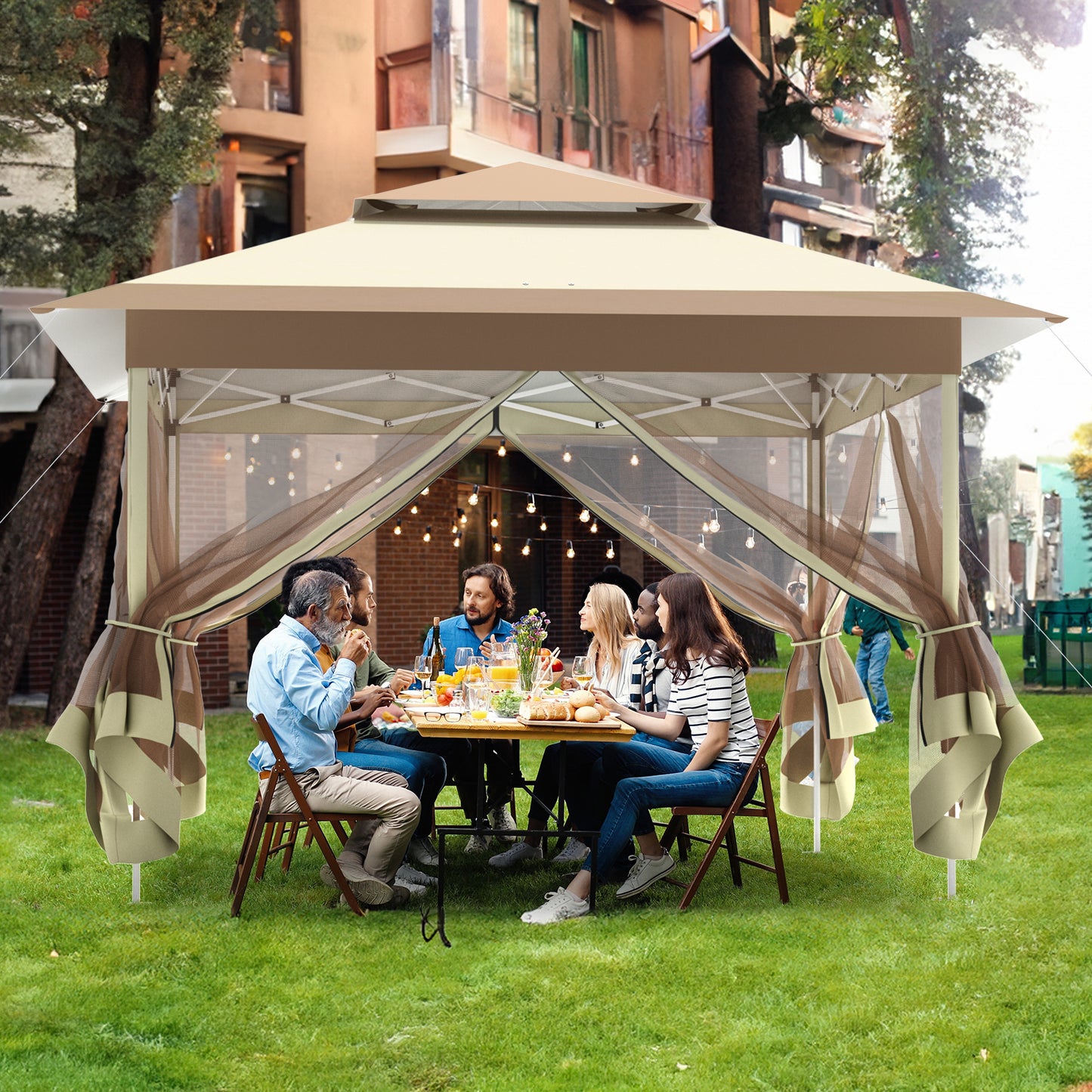 LAZY BUDDY 11' x 11' Pop up Canopy Tent, Outdoor Screen Tent with 4 Mosquito Netting, Straight Leg Folding Instant Shelter, Beige