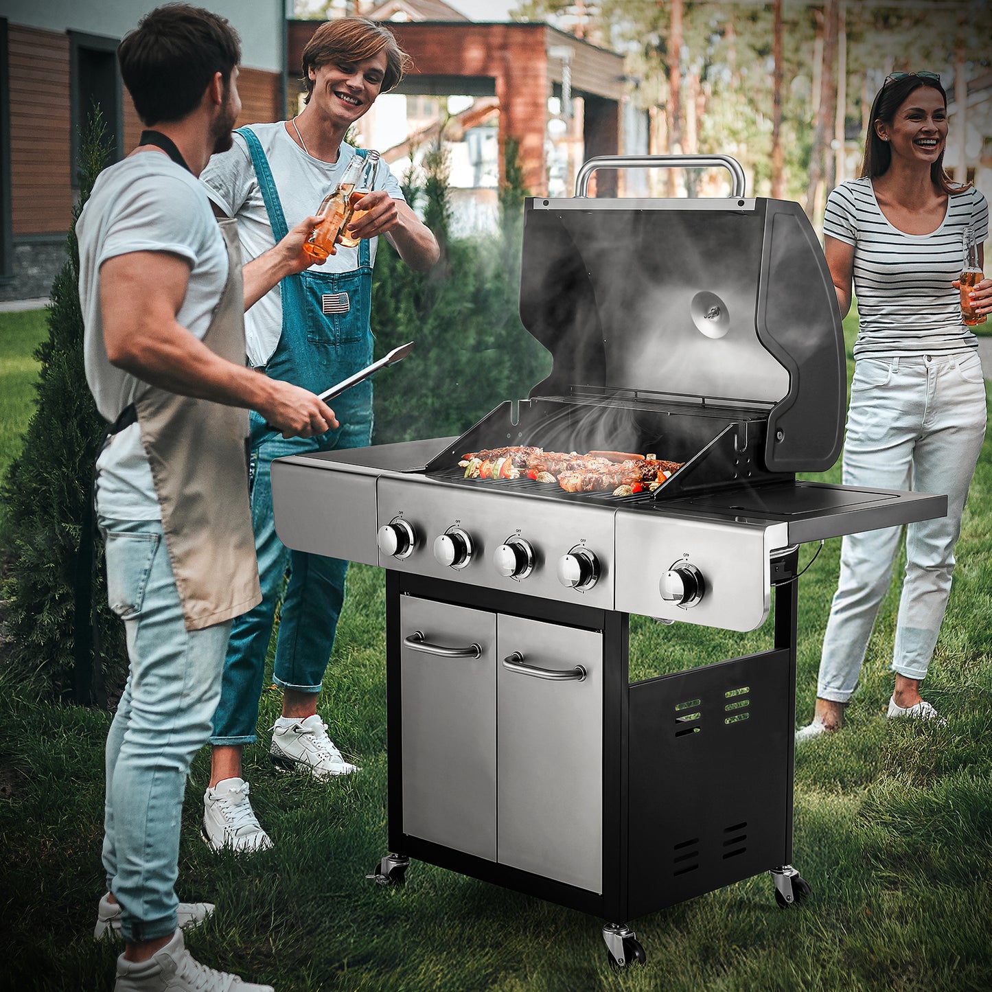 LAZY BUDDY 40000 BTU 4 Burner Propane Gas Grill, Outdoor Stainless Steel BBQ Grill with 12000 BTU Side Burner, Thermometer and Caster, Black