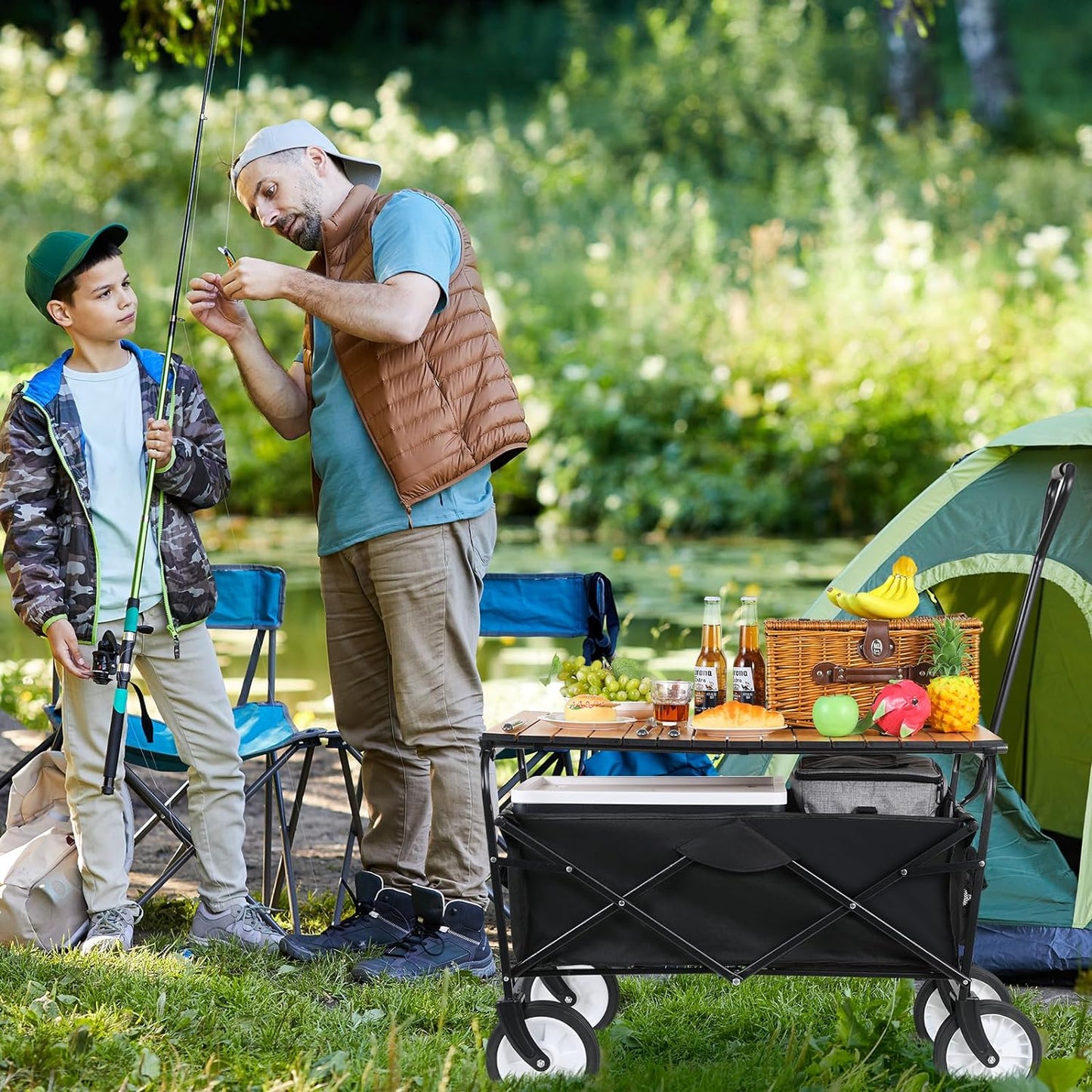 LAZY BUDDY Collapsible Folding Wagon, Utility Garden Cart with Metal Desktop, 150 LBS for Camping, Beach, Garden, Grocery