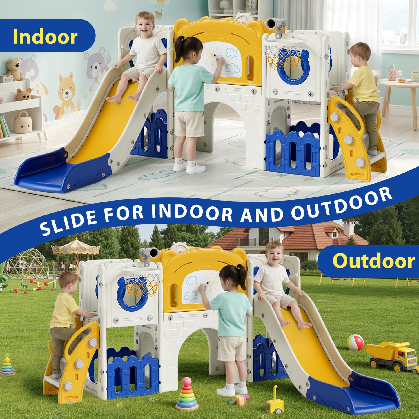 LAZY BUDDY 10 in 1 Toddler Slide, Freestanding Kids Slide and Climber Playset Indoor Outdoor Slide with Basketball Hoop, Telescope and Storage Space