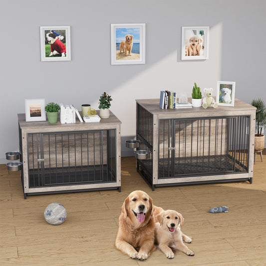 LAZY BUDDY Dog Crate, Wooden End Table Dog House with Bowls and Pull-Out Tray, Greige