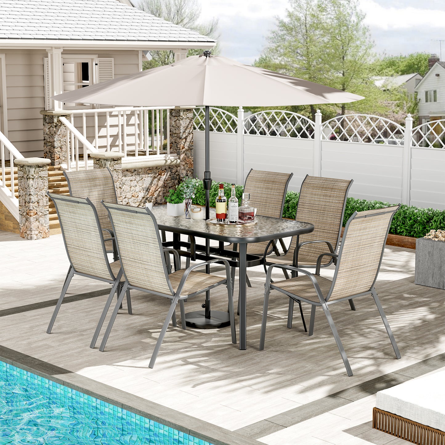 LAZY BUDDY Patio Dining Set of 7 with Umbrella Hole, Outdoor Furniture Table and 6 Textilene Chairs for Lawn, Backyard, Deck, 330LBS