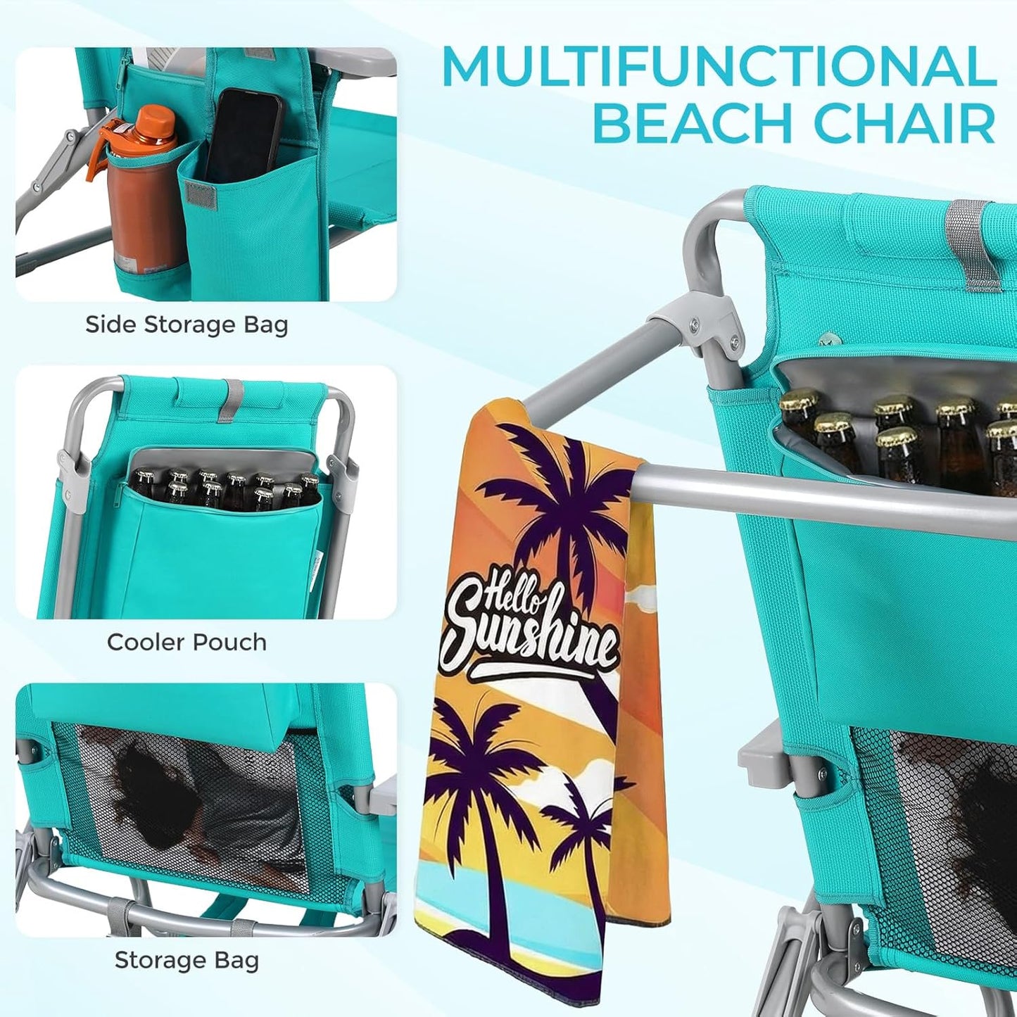 LAZY BUDDY  Low Beach Chair, Backpack Beach Chair for Adults with 5-Position, Lightweight Folding Beach Camping Chairs with Cup Holder, Storage Bag