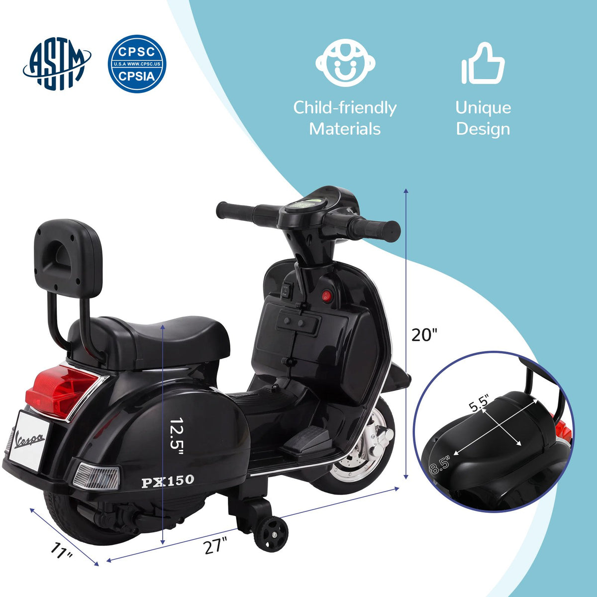 LAZY BUDDY Licensed Vespa Ride on Scooter, 6V Electric Motorcycle for Kids with Training Wheels, LED Headlight, Ride on Toy Gift for 3+
