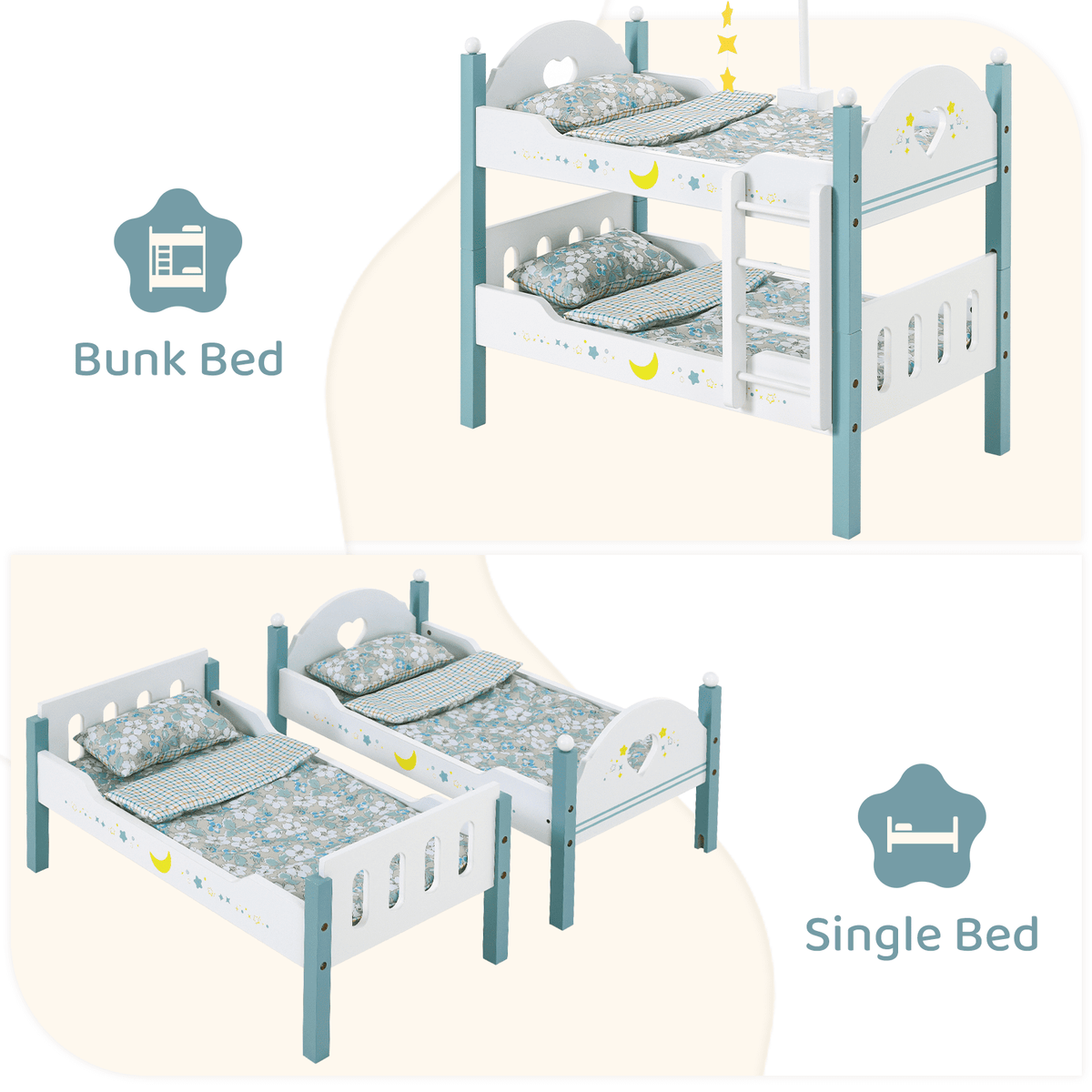 LAZY BUDDY Wooden Bunk Bed for Dolls up to 19in, Baby Dolls Crib with Bedding, Pretend Play Toy for Kids 3+