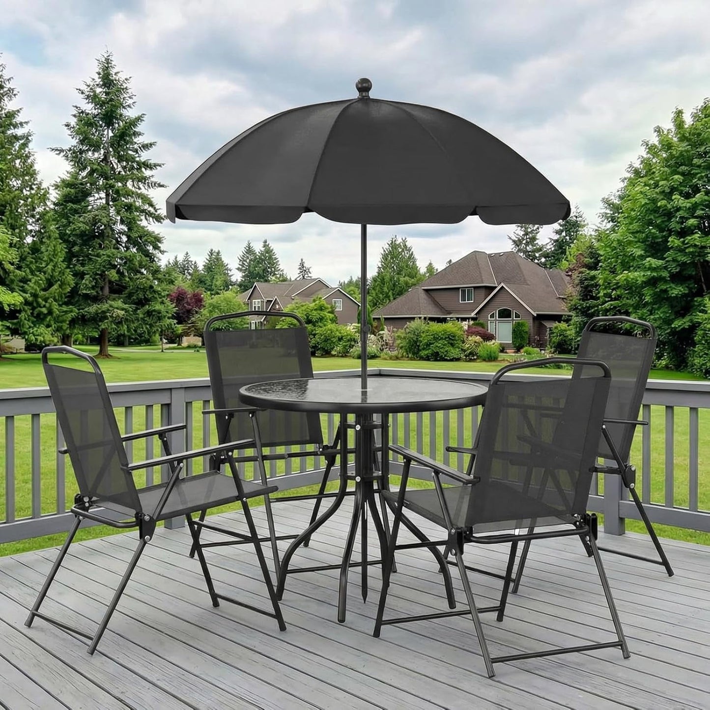 LAZY BUDDY 6-Piece Outdoor Patio Dining Set with Umbrella, All-Weather Round Glass Table with 4 Folding Chairs, Metal Frame, for Backyard Deck Garden