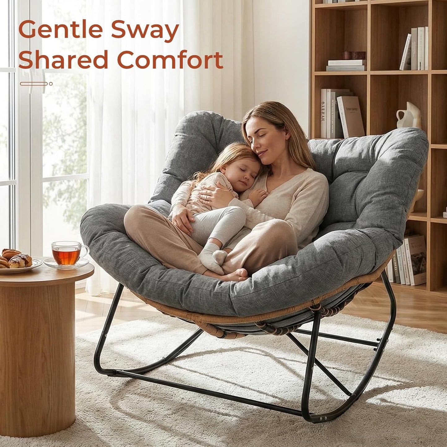 LAZY BUDDY Outdoor Papasan Rocking Chair, Oversized Lounge Chair Rocker with Thick Cushion, for Patio, Balcony, Porch and Indoor
