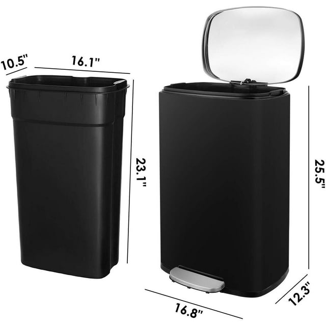 GARTIO 13 gal Stainless Steel Kitchen Step Trash Can Black Garbage Can with Lid