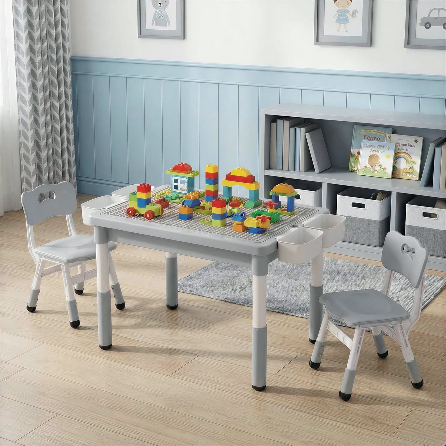 LAZY BUDDY Kids Table and Chairs Set with Storage Boxes, Height Adjustable Toddler Activity Table and 2 Chairs Set with Graffiti & Building Blocks Double-Sided Tabletop