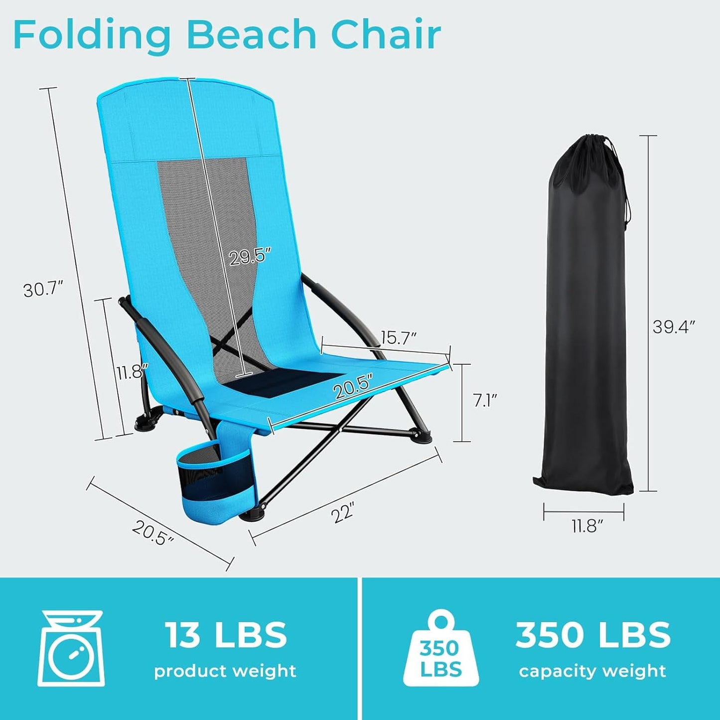 LAZY BUDDY High Back Beach Chair Set of 2, Portable Folding Low Seat Chair for Camping, Beach, Outdoor Concert, 350lbs