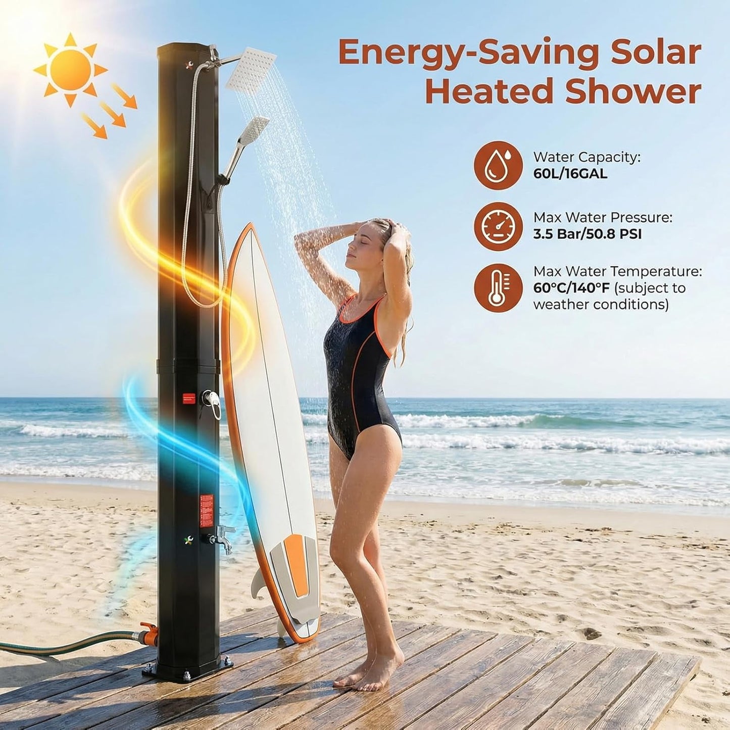 LAZY BUDDY 9.3/10.6/16 Gallon Solar Heated Outdoor Shower, 7.5FT Height Freestanding Outside Shower with 360° Swivel Shower Head, Handheld Shower & Foot Faucet, Temperature Adjustment