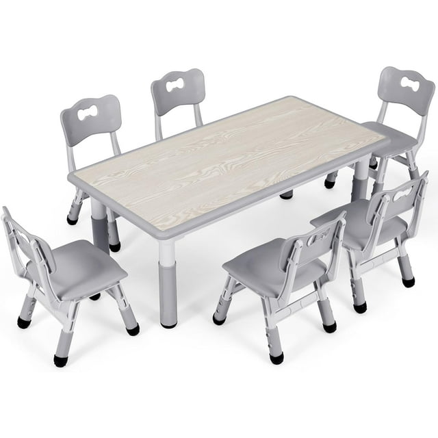 LAZY BUDDY Kids table and 6 chairs Set, Rectangular Plastic Graffiti Desk, 47.20"L x 23.60"W, 4 Colors