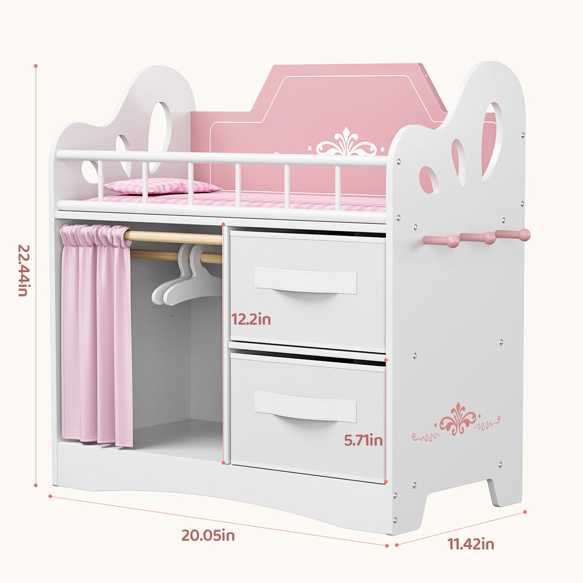 LAZY BUDDY Baby Doll Cirb, Wooden Doll Bed with 2 Storage Drawers, 2 Hangers, Pillow & Sheet