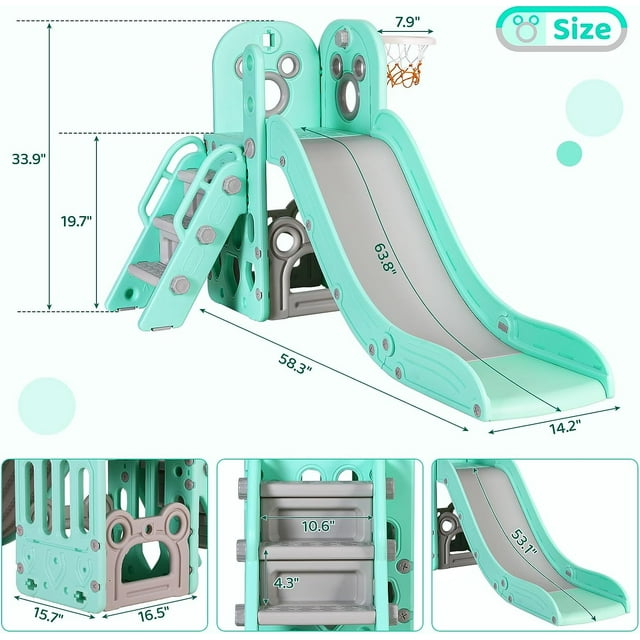 LAZY BUDDY Sturdy Kids Slide, 4 in 1 Toddler Slide and Climber Playset with Basketball Hoop & Storage Space, Non-Slip Steps, Indoor Outdoor Toys for Boys Girls