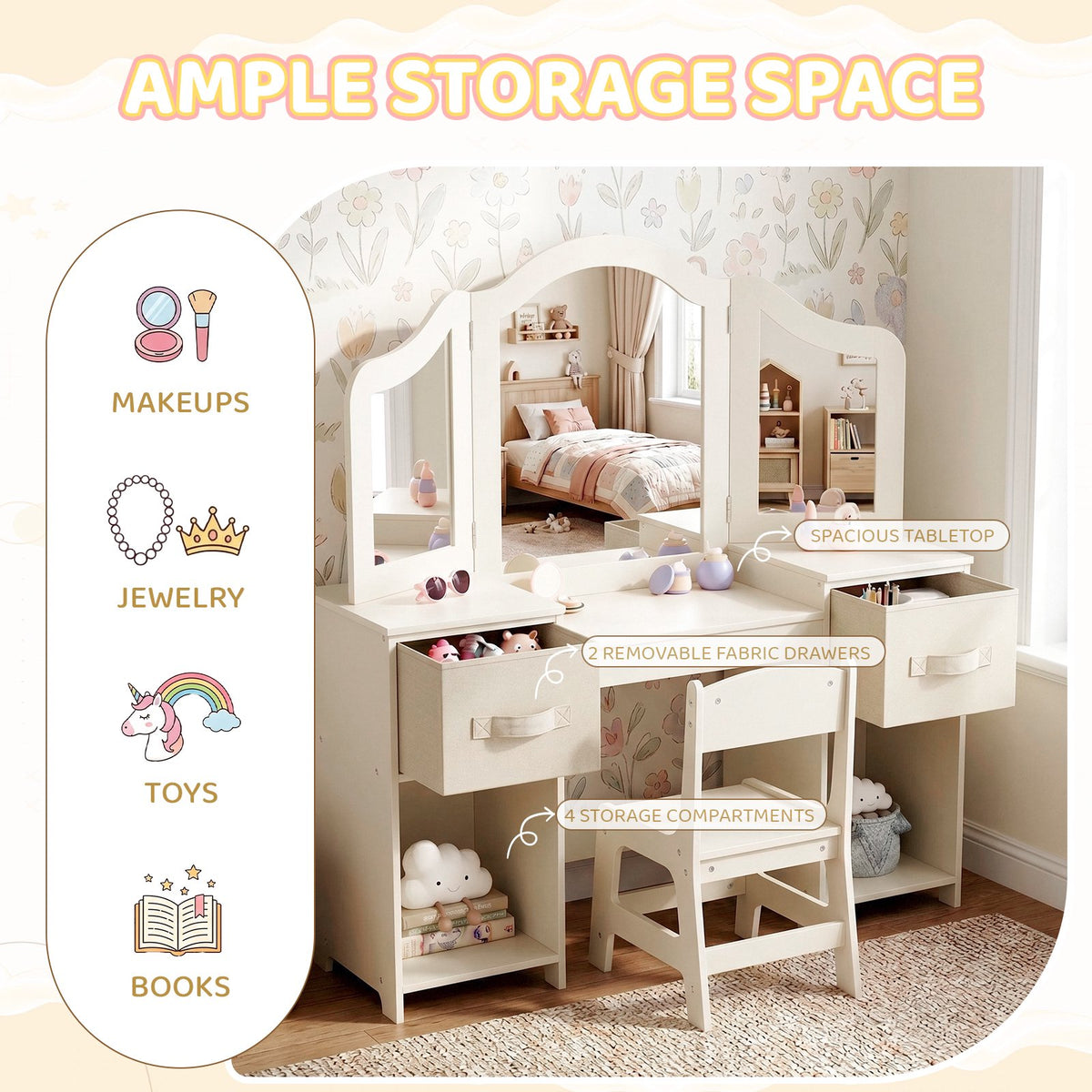 LAZY BUDDY Kids Vanity Set, 2 in 1 Princess Makeup Desk and Chair Set with Canvas Drawers Tri-Folding Detachable Mirror Large Storage Shelves, Wooden Dressing Table, Pretend Play Vanity Set