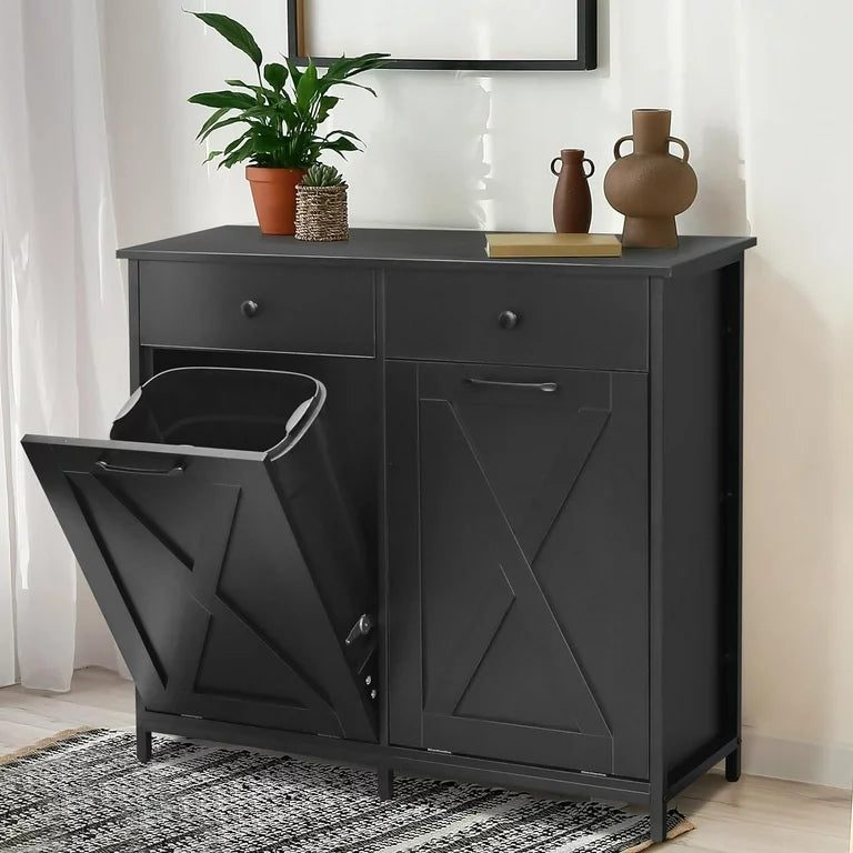 LAZY BUDDY Double Tilt Out Trash Cabinet, Wood Garbage Recycling Station Hideaway Trash Holder Drawers (Black, 2 x 10 Gallon)