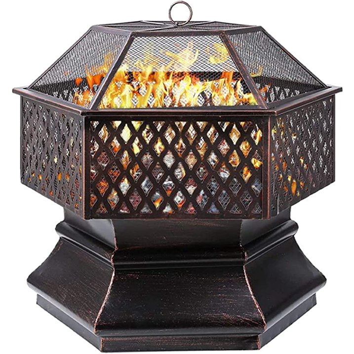 GARTIO 28"/ 30" Hex Shaped Steel Fire Pit, Wood Burning Fireplace Firepit Bowl with Spark Screen Patio Backyard Heater