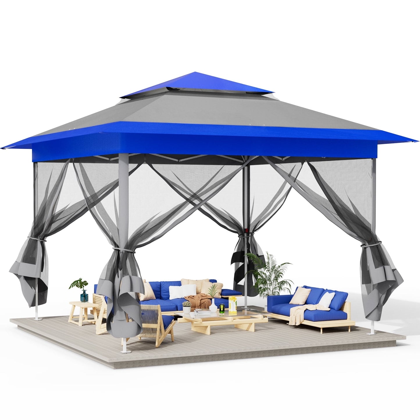 LAZY BUDDY 13ft Pop Up Gazebo, Outdoor Instant Canopy Tent w/4 Netting Sidewall & Auto Extending Eave, Patio Gazebos Shelter w/Mesh Wall, Center Lock, Wheeled Bag for Garden, Yard