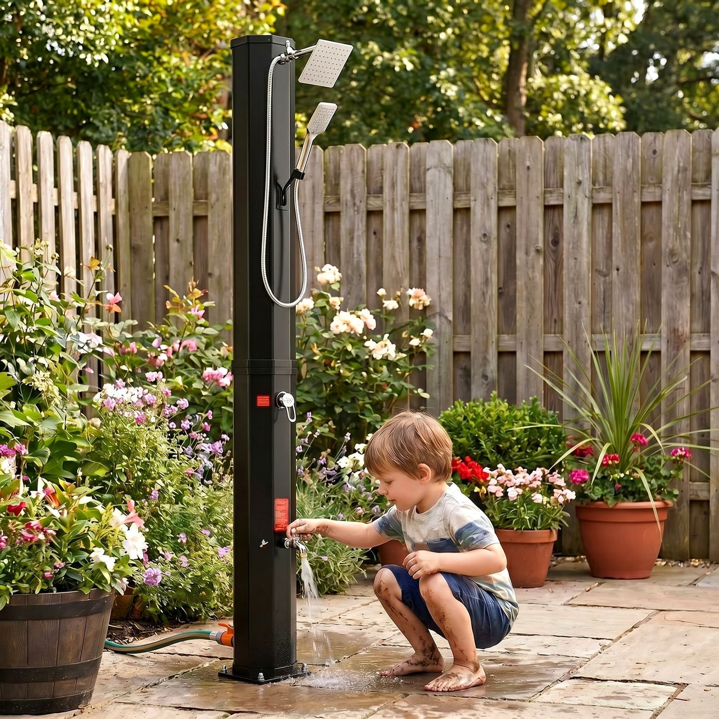 LAZY BUDDY 9.3/10.6/16 Gallon Solar Heated Outdoor Shower, 7.5FT Height Freestanding Outside Shower with 360° Swivel Shower Head, Handheld Shower & Foot Faucet, Temperature Adjustment