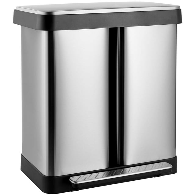 LAZY BUDDY Dual Garbage Can, Stainless Steel 16 Gallon Step Can W/ Foot Pedal, Double Compartment Garbage Recycling Bin