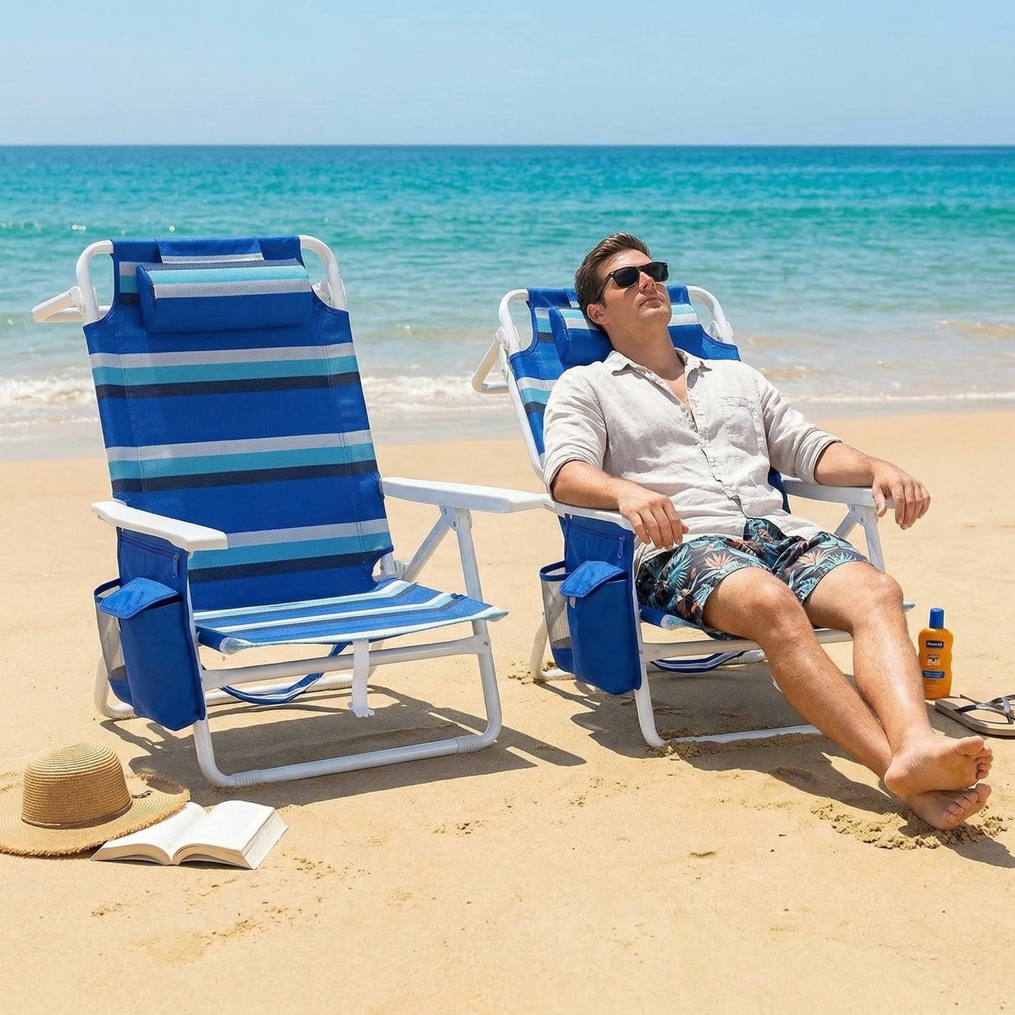 LAZY BUDDY  Low Beach Chair, Backpack Beach Chair for Adults with 5-Position, Lightweight Folding Beach Camping Chairs with Cup Holder, Storage Bag